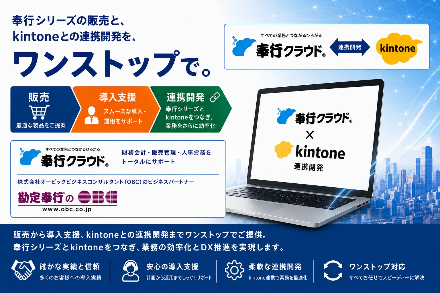 奉行シリーズの販売と、kintoneとの連携開発を、ワンストップで。販売→導入支援→連携開発（奉行シリーズとkintoneをつなぎ、業務をさらに効率化）。奉行クラウド×kintone連携開発。奉行クラウド｜財務会計・販売管理・人事労務をトータルにサポート、株式会社オービックビジネスコンサルタント（OBC）のビジネスパートナー、勘定奉行のOBC。販売から導入支援、kintoneとの連携開発までワンストップでご提供。奉行シリーズとkintoneをつなぎ、業務の効率化とDX推進を実現します。