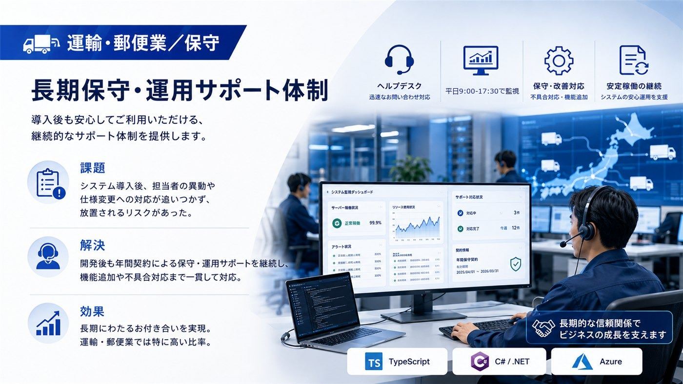 運輸・郵便業／保守｜長期保守・運用サポート体制｜課題：システム導入後、担当者の異動や仕様変更への対応が追いつかず、放置されるリスクがあった。／解決：開発後も年間契約による保守・運用サポートを継続し、機能追加や不具合対応まで一貫して対応。／効果：長期にわたるお付き合いを実現。運輸・郵便業では特に高い比率。／使用技術：TypeScript、C# / .NET、Azure