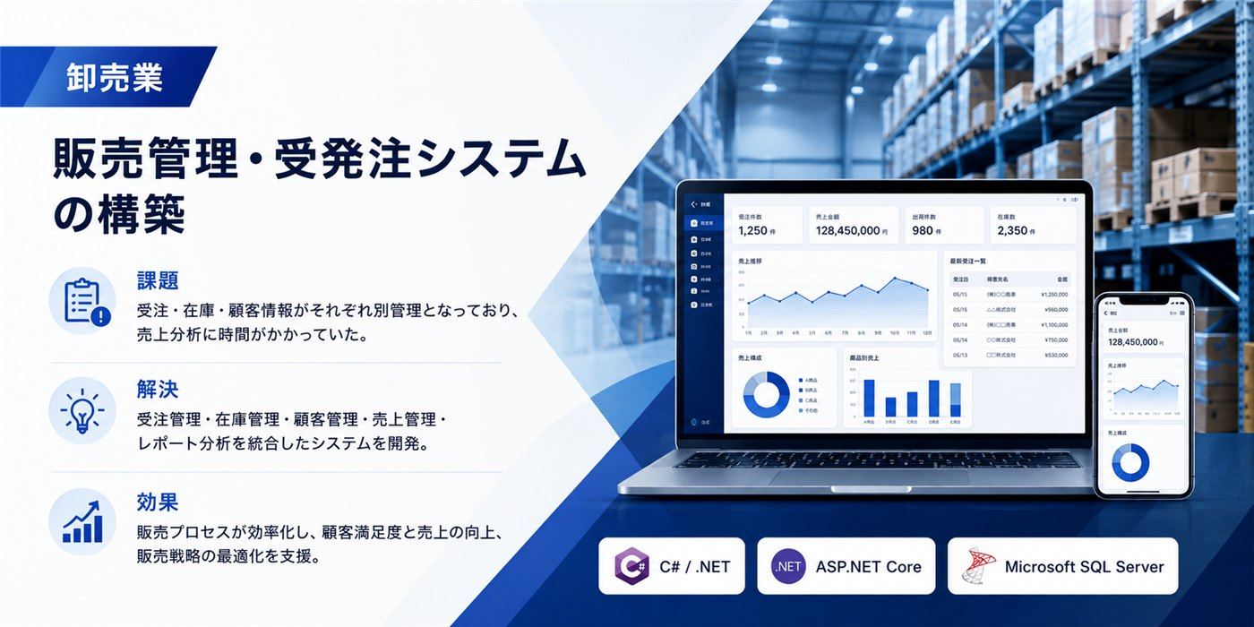 卸売業｜販売管理・受発注システムの構築｜課題：受注・在庫・顧客情報がそれぞれ別管理となっており、売上分析に時間がかかっていた。／解決：受注管理・在庫管理・顧客管理・売上管理・レポート分析を統合したシステムを開発。／効果：販売プロセスが効率化し、顧客満足度と売上の向上、販売戦略の最適化を支援。／使用技術：C# / .NET、ASP.NET Core、Microsoft SQL Server