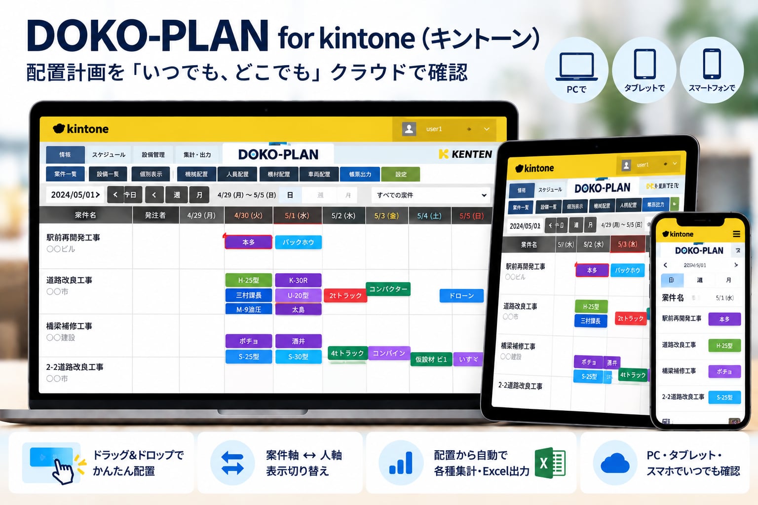 DOKO-PLAN for kintone（キントーン）｜配置計画を「いつでも、どこでも」クラウドで確認。PC・タブレット・スマートフォンで使える配置計画画面。ドラッグ＆ドロップでかんたん配置／案件軸⇔人軸の表示切り替え／配置から自動で各種集計・Excel出力／PC・タブレット・スマホでいつでも確認。