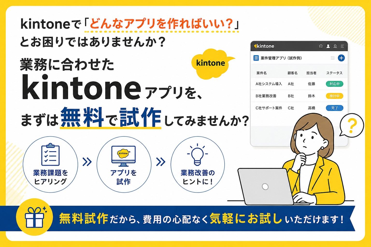 kintoneで「どんなアプリを作ればいい？」とお困りではありませんか？業務に合わせたkintoneアプリを、まずは無料で試作してみませんか？業務課題をヒアリング→アプリを試作→業務改善のヒントに！無料試作だから、費用の心配なく気軽にお試しいただけます！