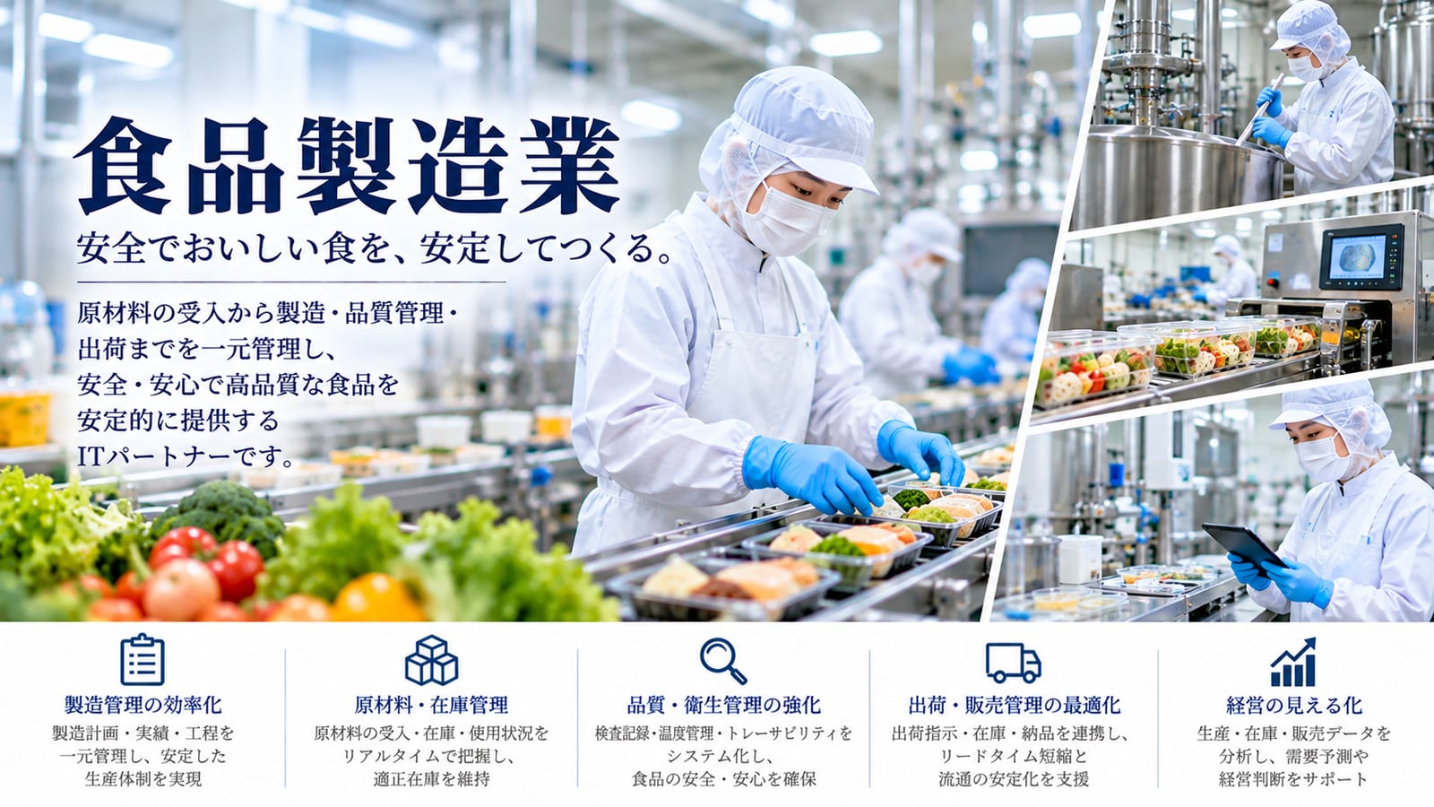食品製造業｜安全でおいしい食を、安定してつくる。原材料の受入から製造・品質管理・出荷までを一元管理し、安全・安心で高品質な食品を安定的に提供するITパートナーです。