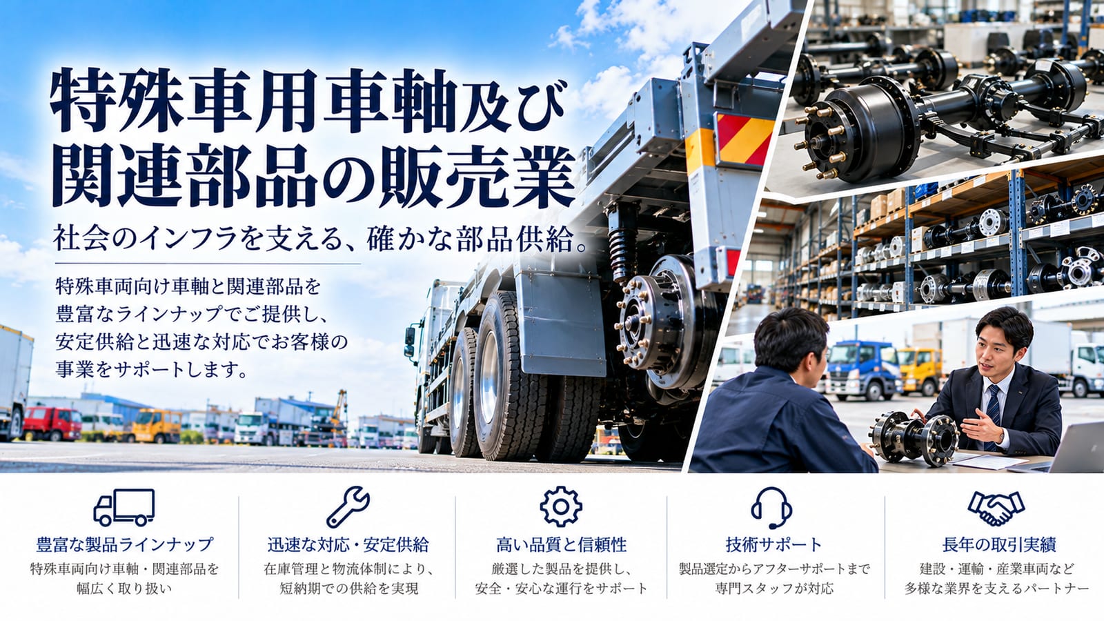 特殊車用車軸及び関連部品の販売業｜社会のインフラを支える、確かな部品供給。特殊車両向け車軸と関連部品を豊富なラインナップでご提供し、安定供給と迅速な対応でお客様の事業をサポートします。