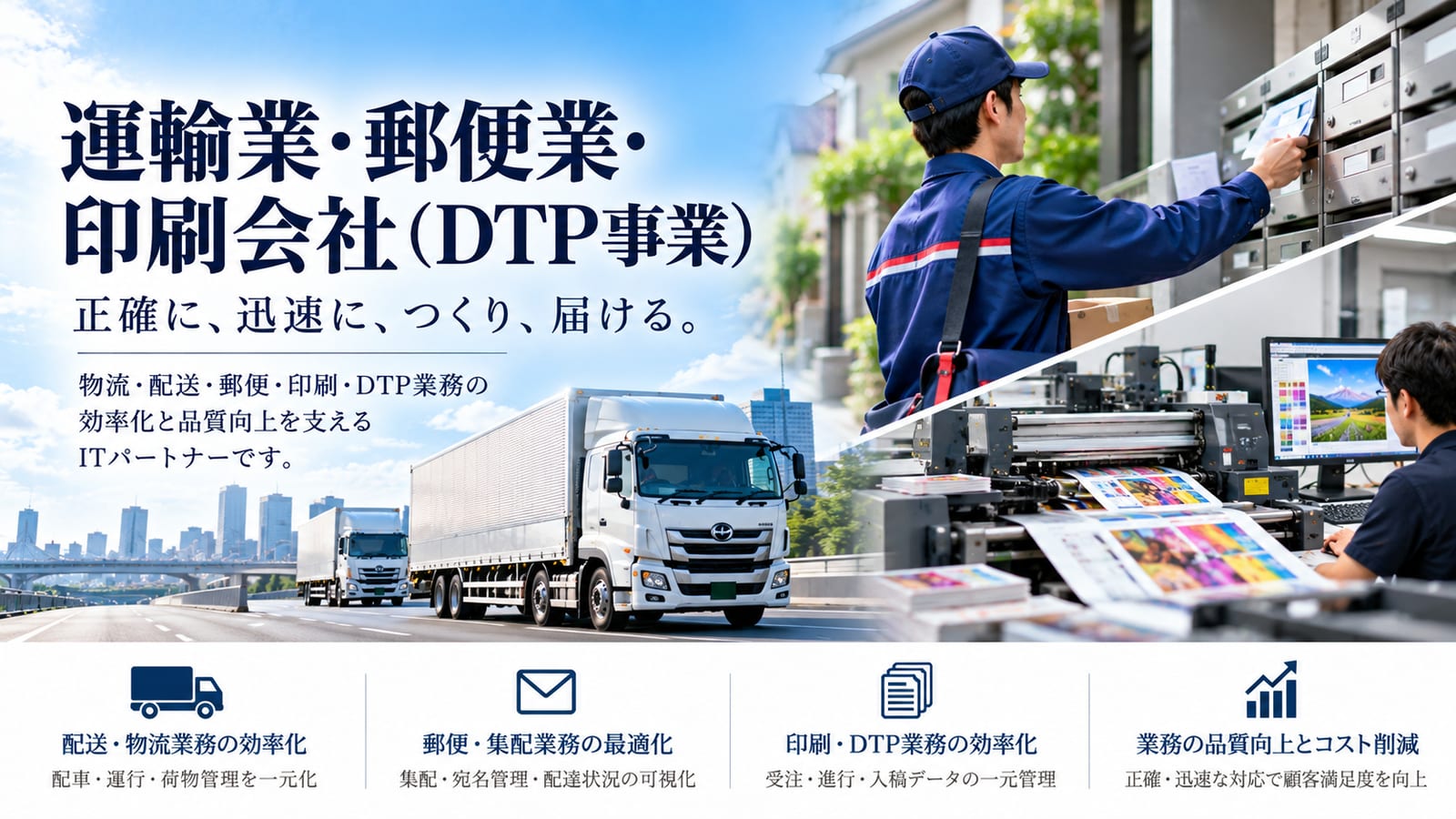 運輸業・郵便業・印刷会社（DTP事業）｜正確に、迅速に、つくり、届ける。物流・配送・郵便・印刷・DTP業務の効率化と品質向上を支えるITパートナーです。