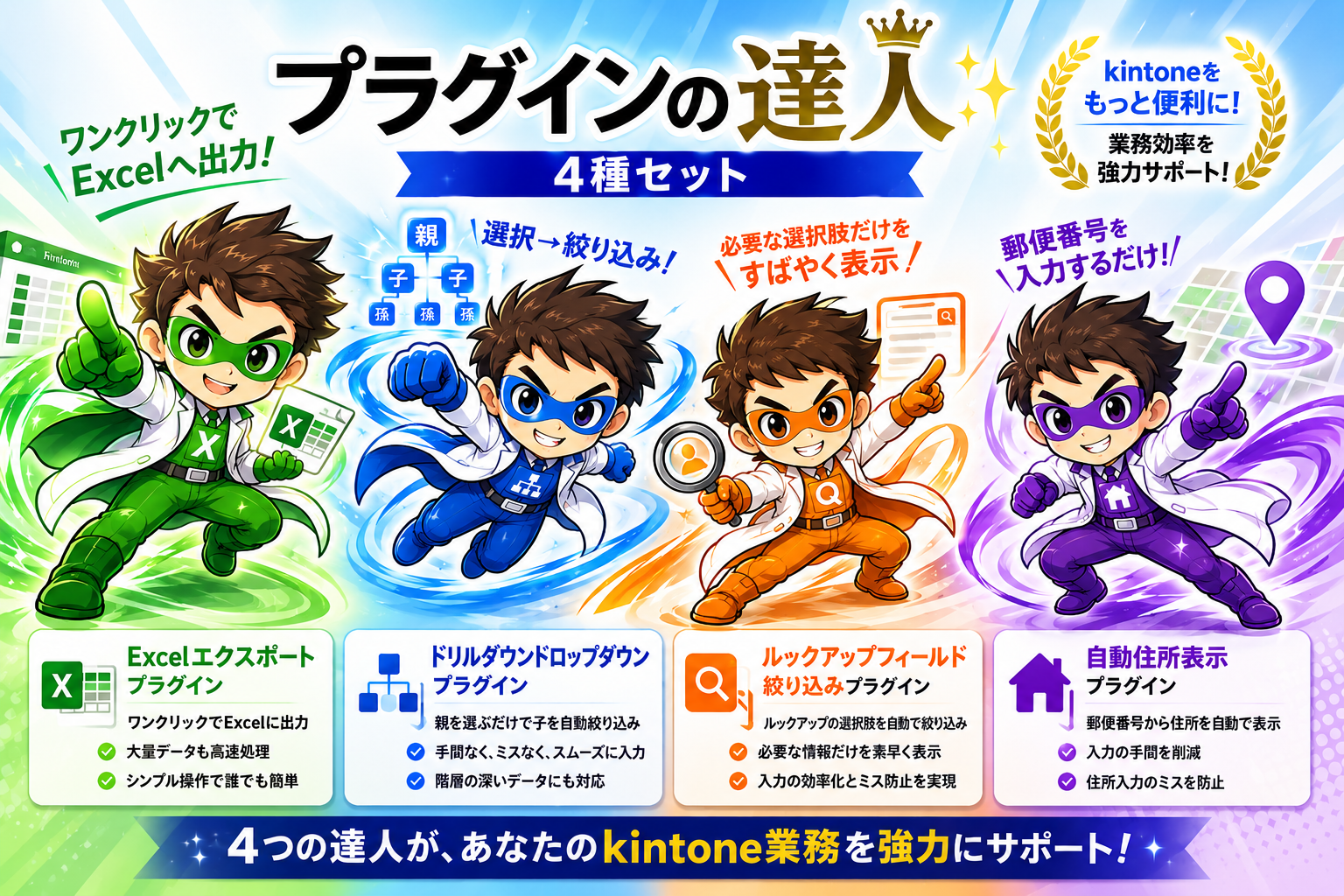 プラグインの達人 4種セット：Excelエクスポート・ドリルダウンドロップダウン・ルックアップフィールド絞り込み・自動住所表示の4人のキャラクター