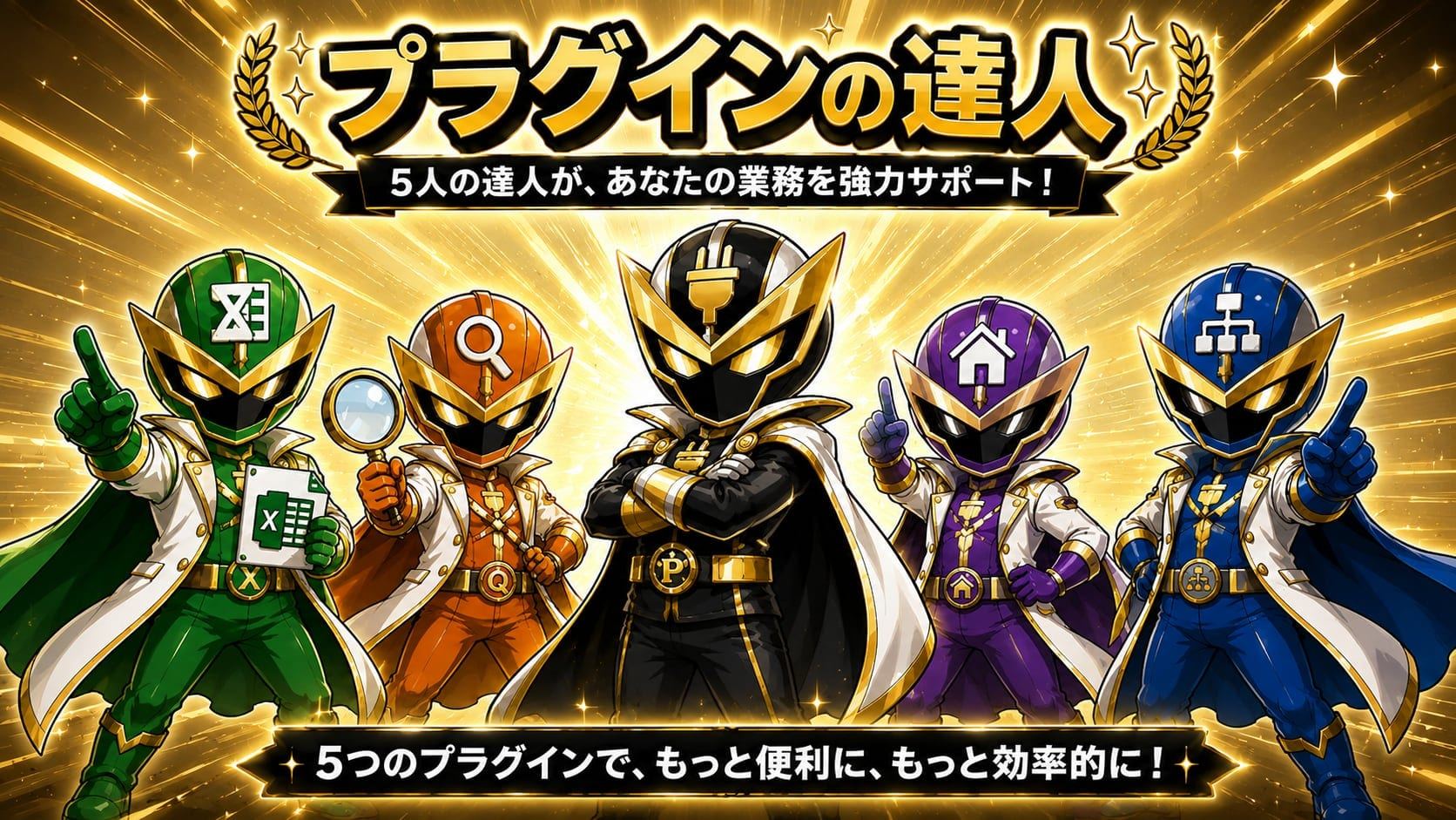 5人の達人（プラグインの達人・Excelエクスポート・ドリルダウンドロップダウン・ルックアップフィールド絞り込み・自動住所表示）が業務をサポートするイメージ