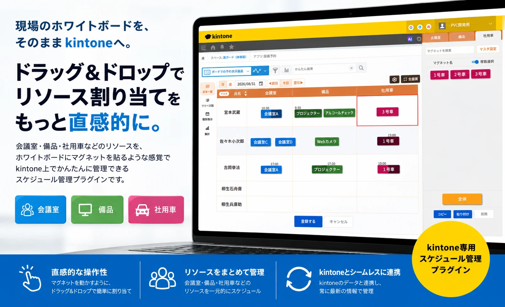 現場のホワイトボードを、そのままkintoneへ。ドラッグ＆ドロップでリソース割り当てをもっと直感的に。案件へのリソース(人・車両・設備)割り当てを、ホワイトボードにマグネットを貼るような感覚で行えるkintone専用のスケジュール管理プラグイン「楽ボード for kintone」の画面イメージ