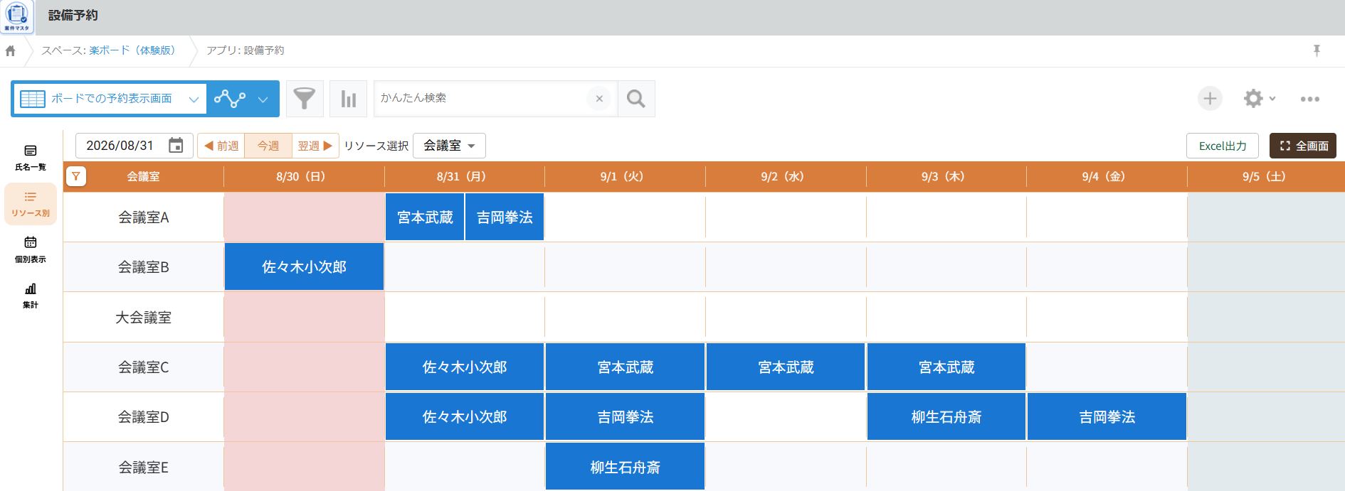 リソース別一覧画面キャプチャ：リソースを行、週の日付を列とした一覧表示
