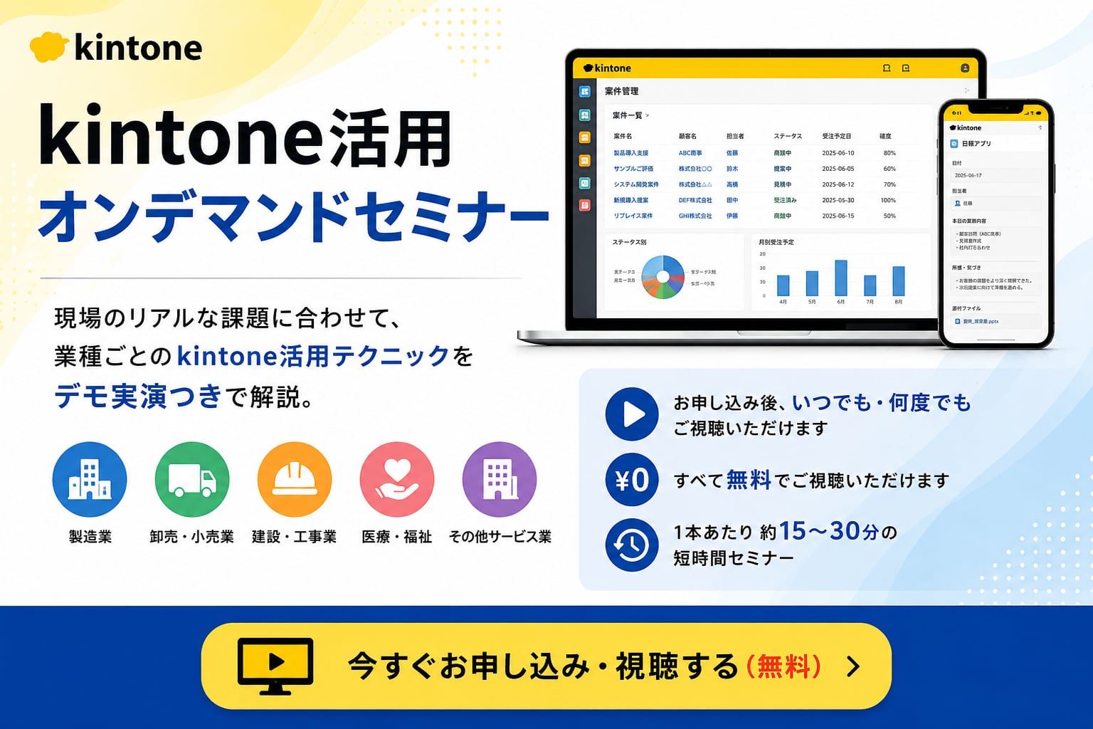 kintone活用オンデマンドセミナー｜現場のリアルな課題に合わせて、業種ごとのkintone活用テクニックをデモ実演つきで解説。お申し込み後、いつでも・何度でも無料でご視聴いただけます。
