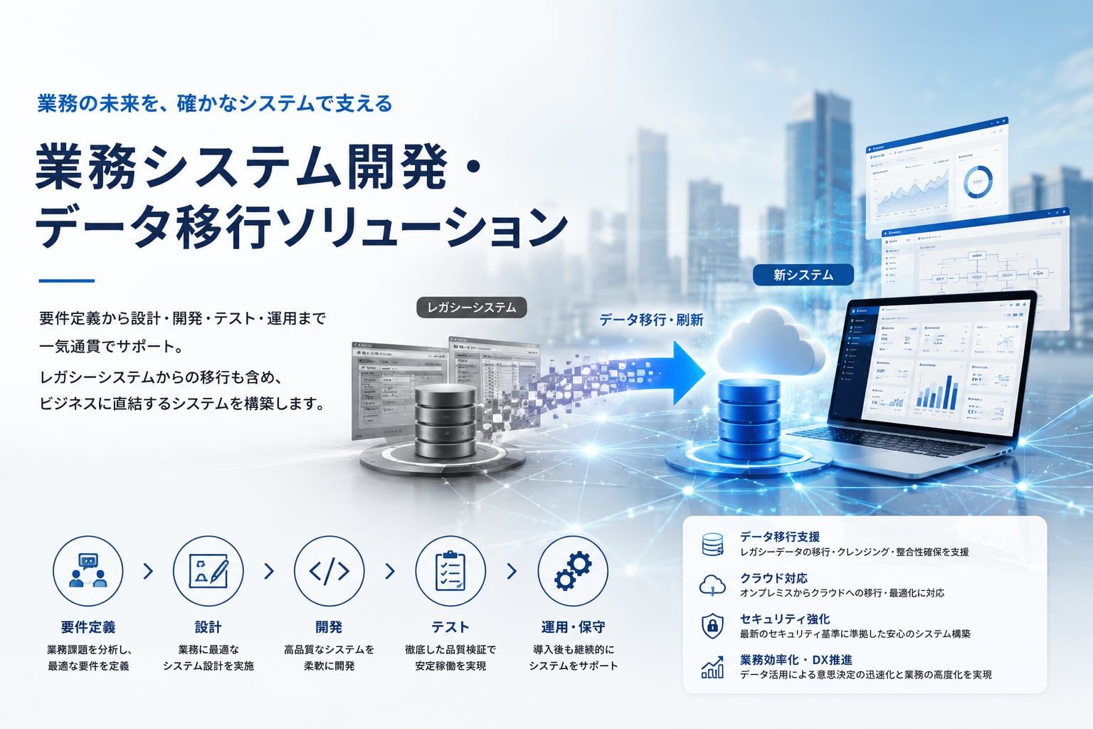 業務システム開発・データ移行ソリューション｜要件定義から設計・開発・テスト・運用まで一気通貫でサポート。レガシーシステムからの移行も含め、ビジネスに直結するシステムを構築します。